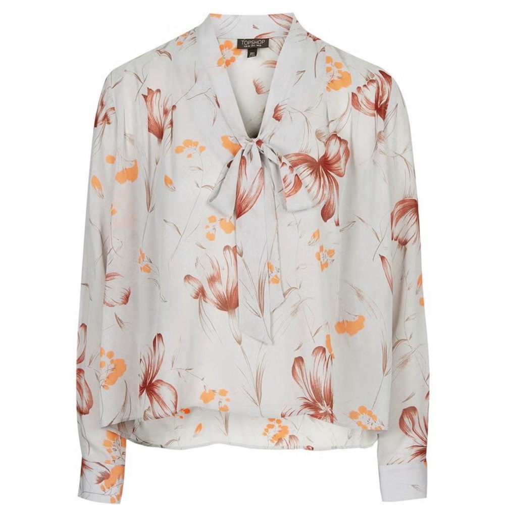 Topshop Floral Tie Front Blouse with Long Sleeves